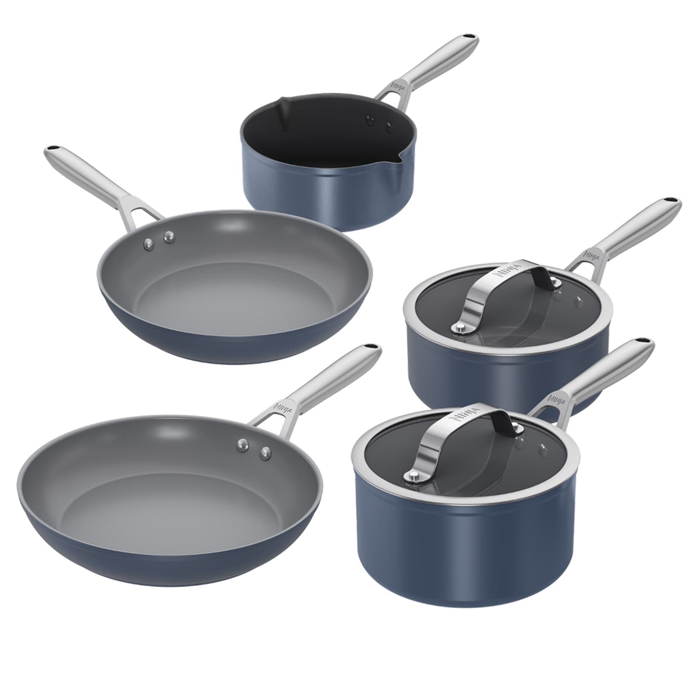 A five-piece Ninja blue cookware set with two frying pans, two saucepans with glass lids, and one small saucepan without a lid.
