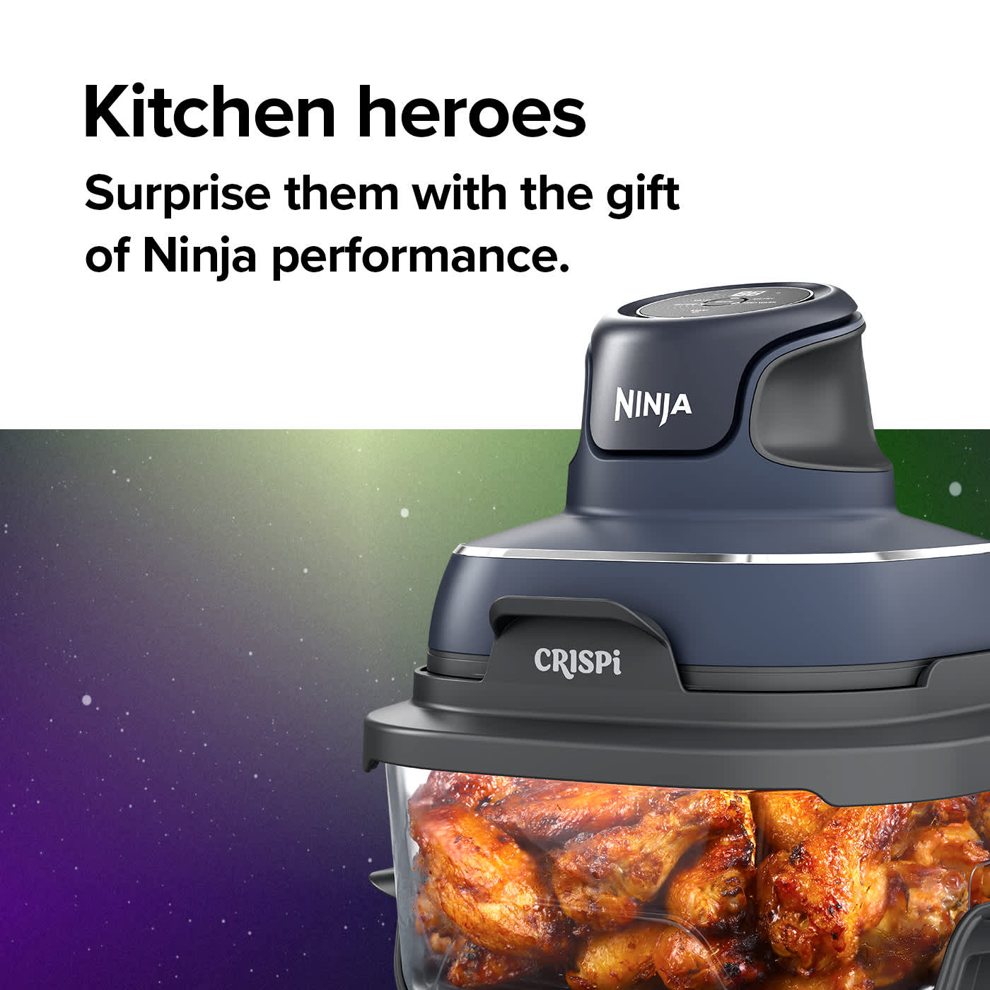 Ninja CRISPi air fryer with cooked chicken wings
