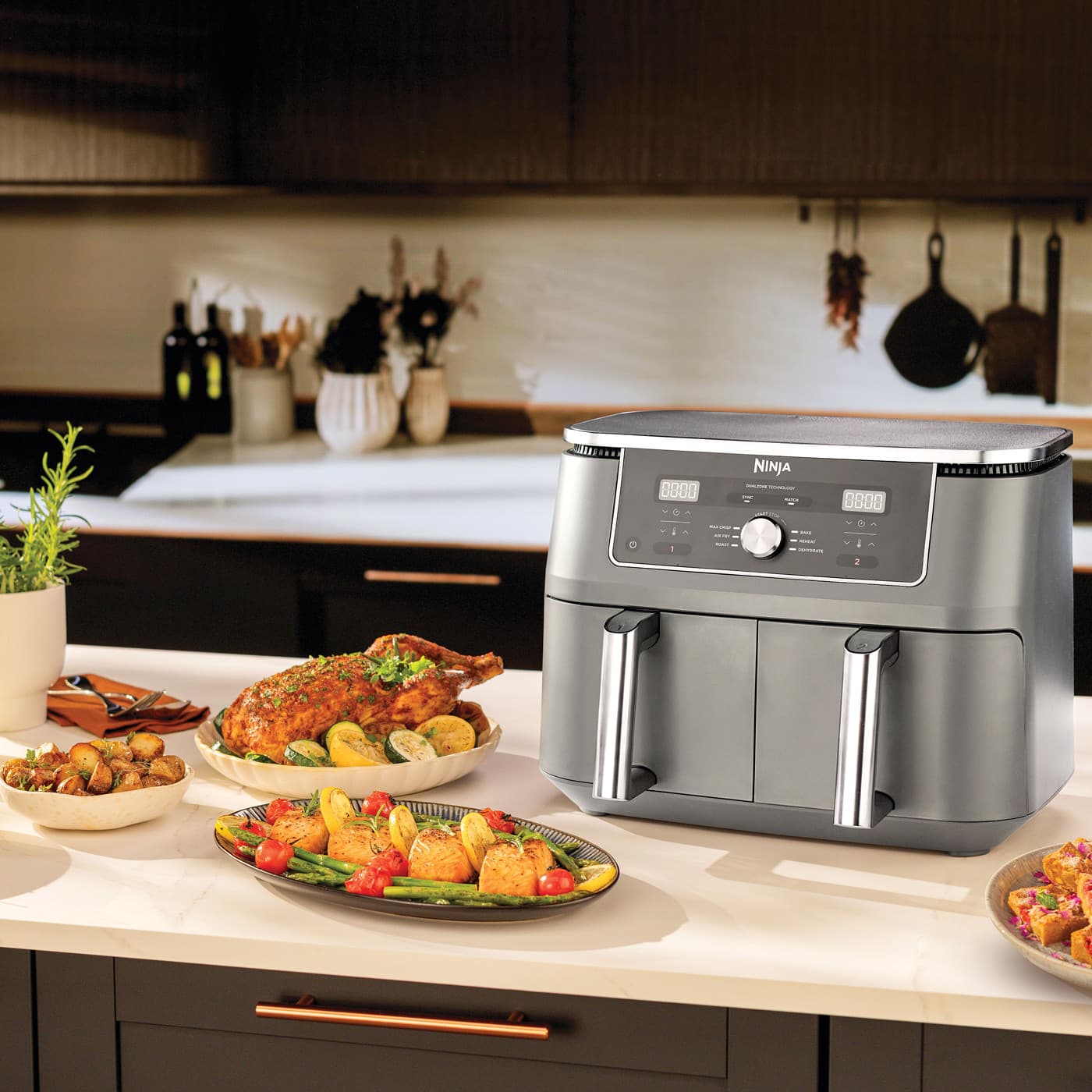 Ninja double drawer air fryer on a worktop
