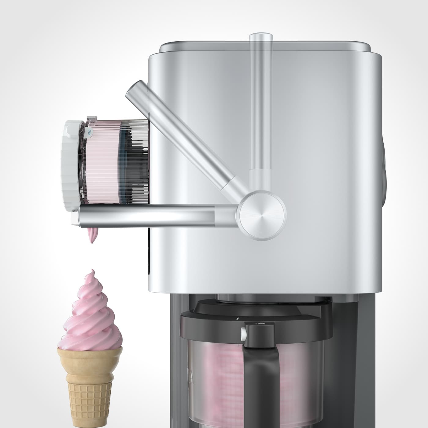 Close-up of the Ninja CREAMi’s soft serve handle in action, dispensing pink ice cream into a cone.